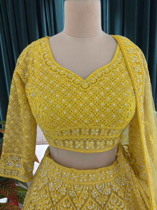 Mustard-Yellow Zari & Sequin Lehenga Set with Sheer Dupatta