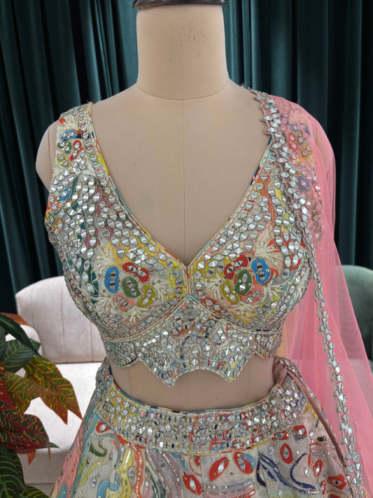 Multicolor Abstract Lehenga with Sweetheart Neckline Blouse