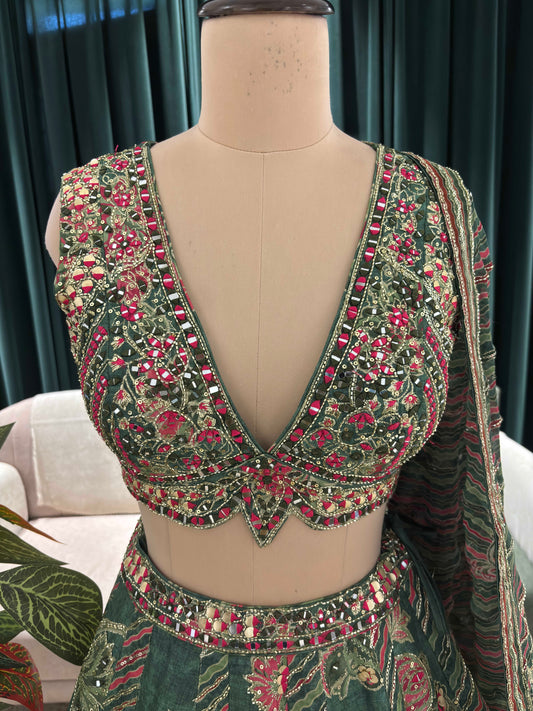 Emerald Embroidered Lehenga with Floral Resham & Zari Accents