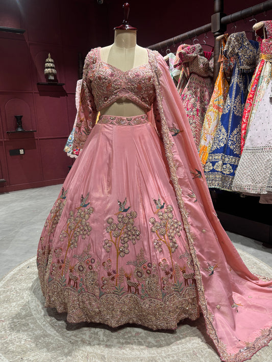Dusty Rose Pink Embroidered Lehenga With Bird & Floral Motifs