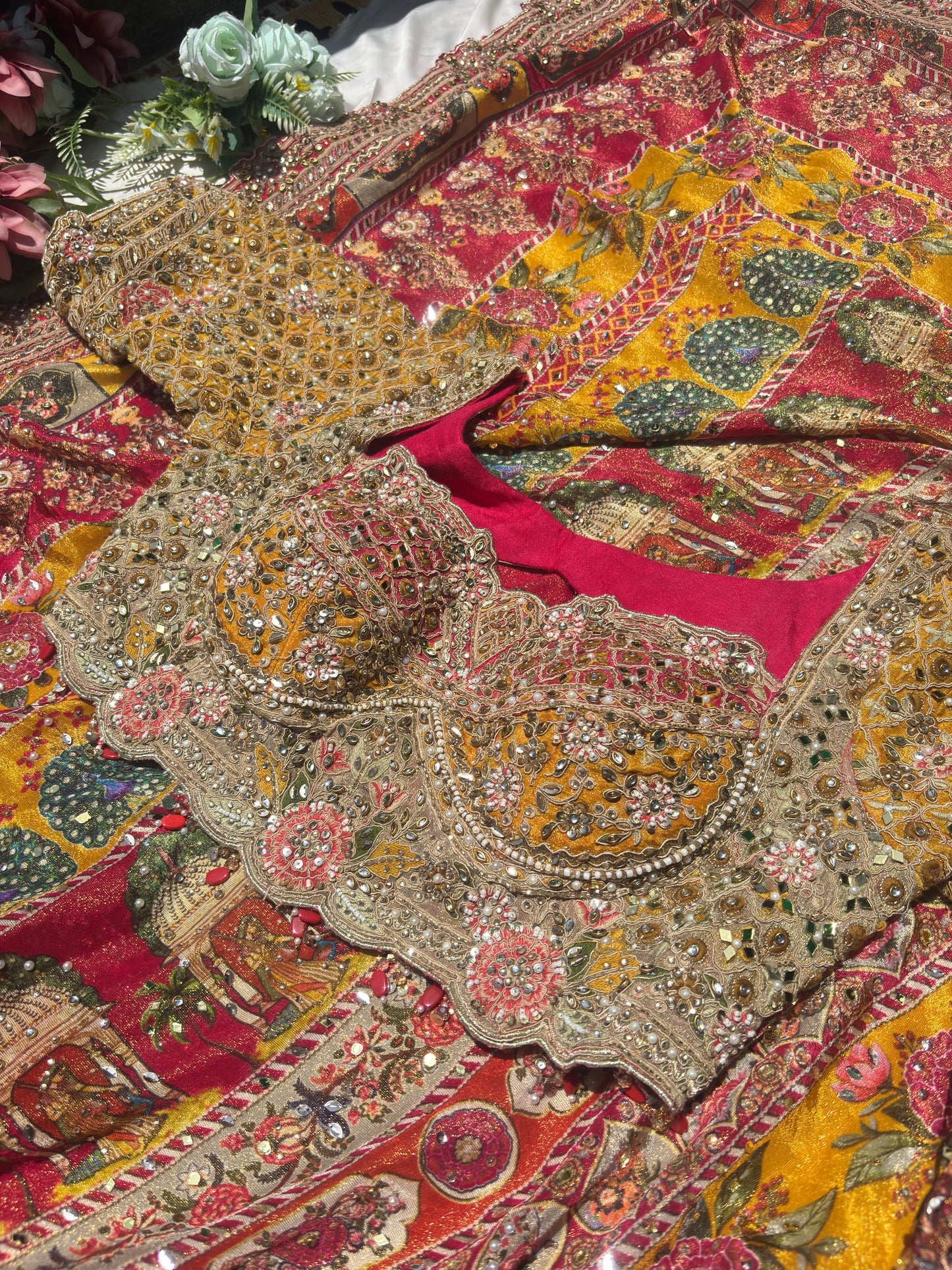 Luxury Multicolor Designer Saree with Heavy Hand Embroidery & Mirror Work