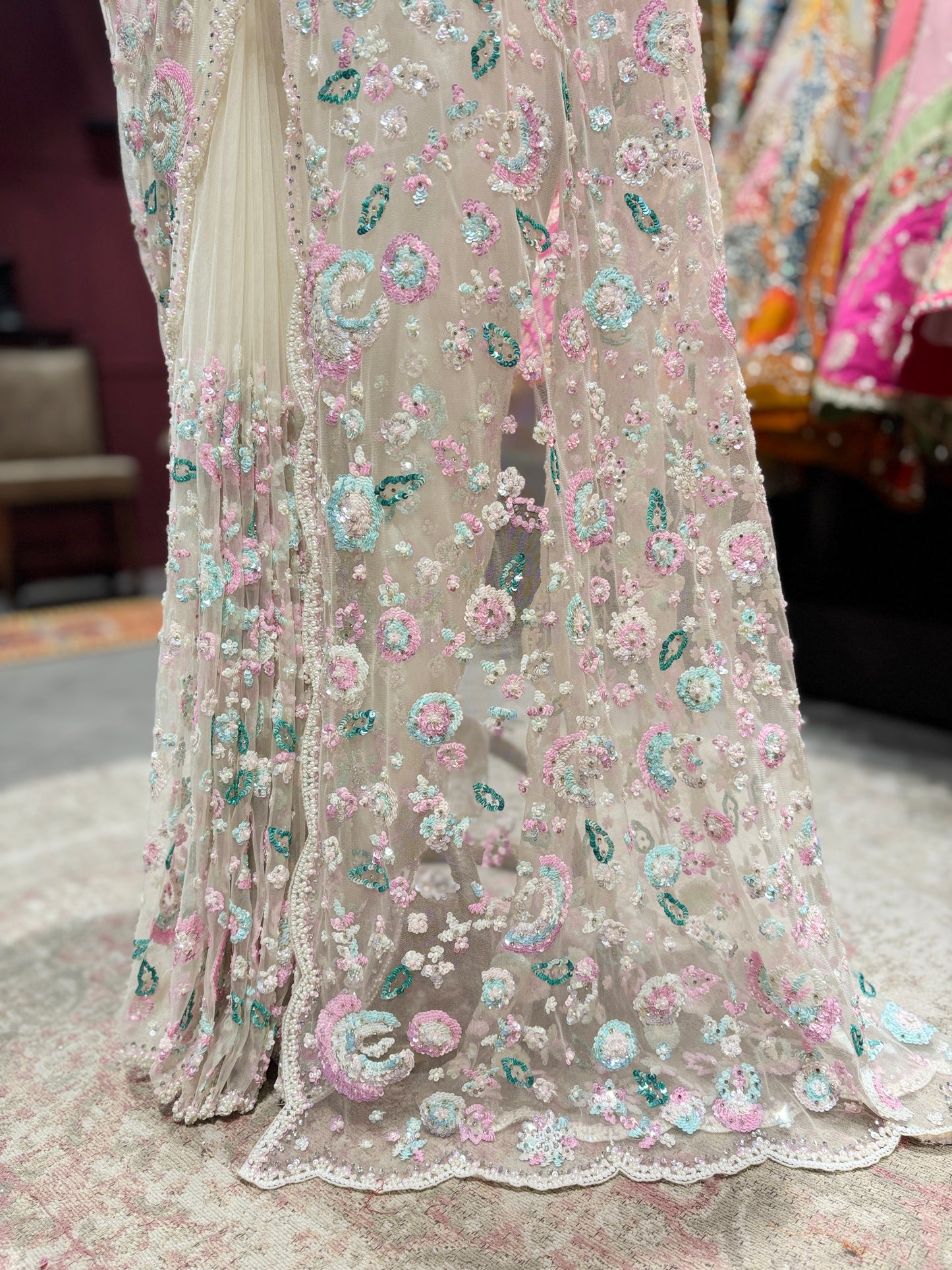 Pastel Multicolor Floral Embroidered Net Saree with Designer Blouse