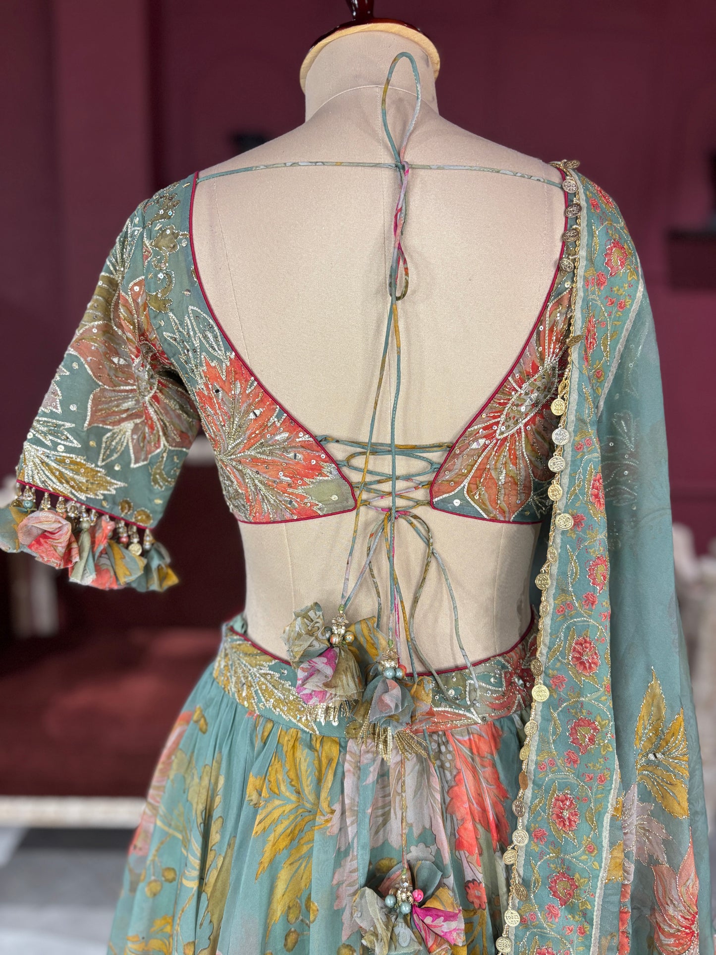 Pastel Green Lehenga with Floral Embroidered Blouse