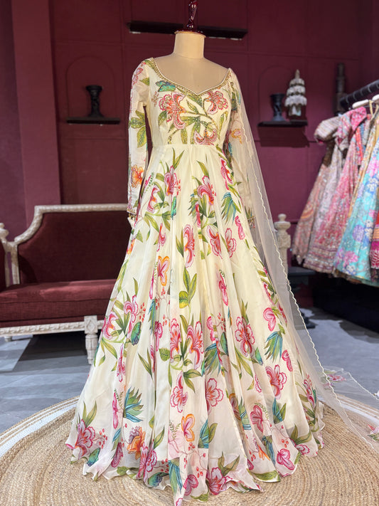 White Floral Gown with Embroidered Sheer Dupatta