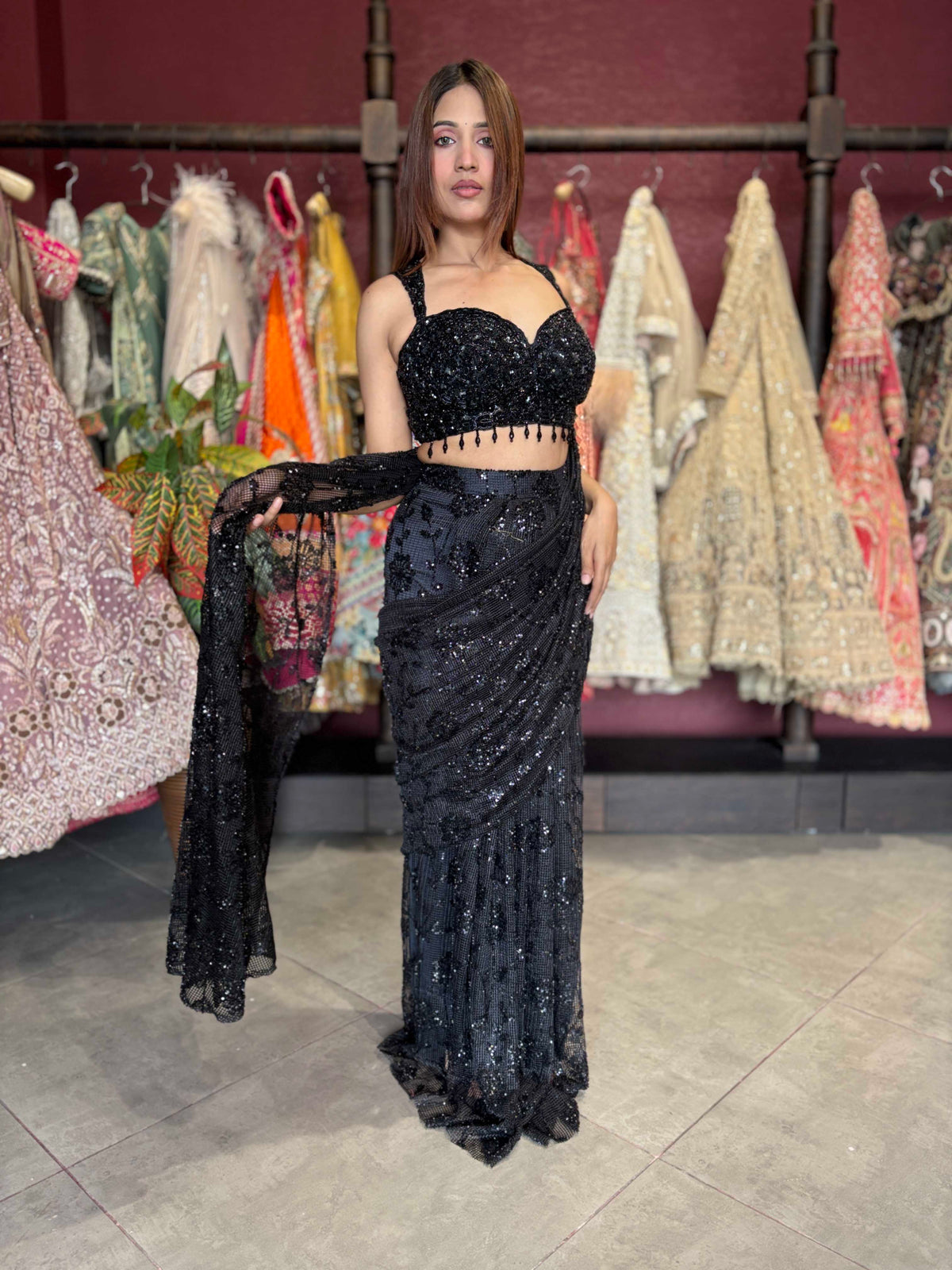 Black Sequin Draped Saree with Embellished Designer Blouse