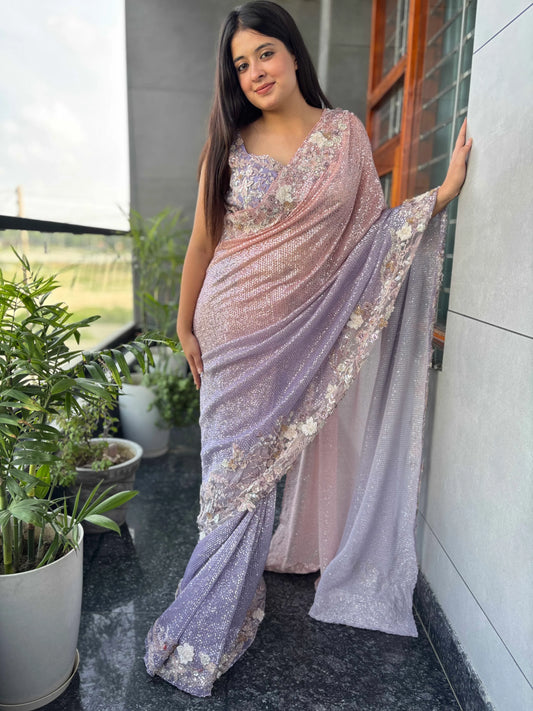 Blush-lavender Ombre Saree With Sequin-embroidered Florals