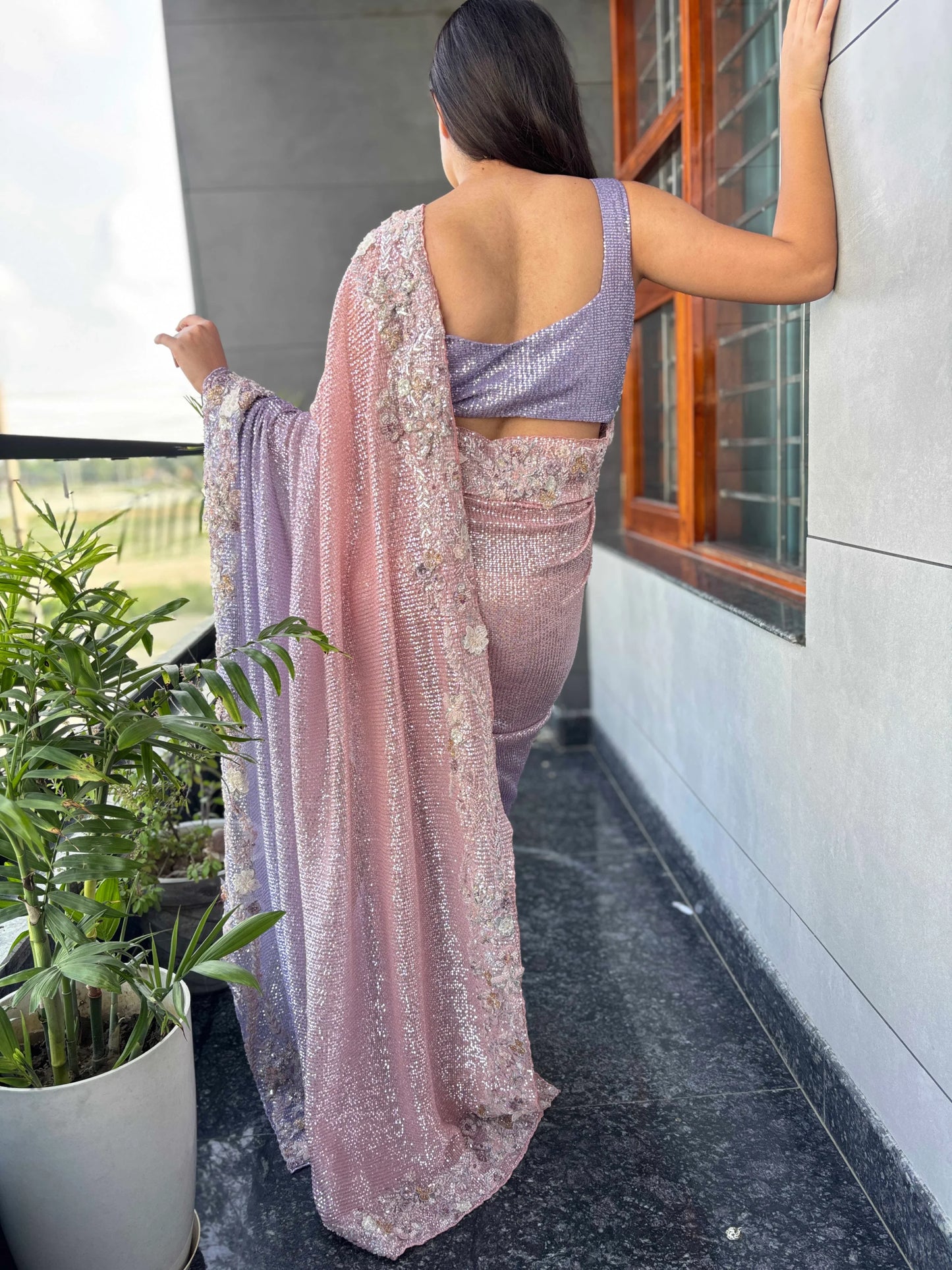 Blush-lavender Ombre Saree With Sequin-embroidered Florals