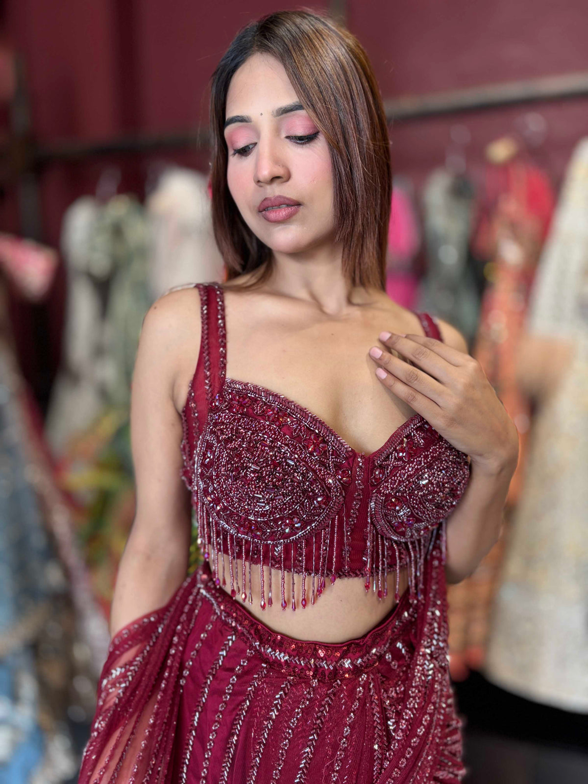 Wine Sequin Draped Saree with Embellished Corset Blouse
