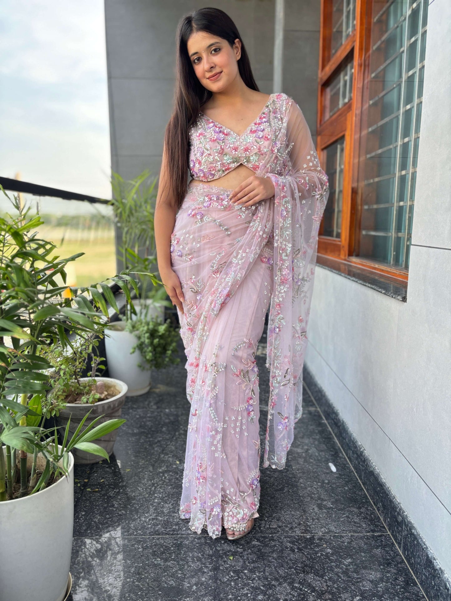 Pink Net Saree with Sequin & Floral Embroidered Designer Blouse