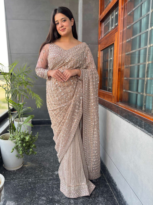 Sequin Embroidered Net Saree With Heavy Designer Blouse