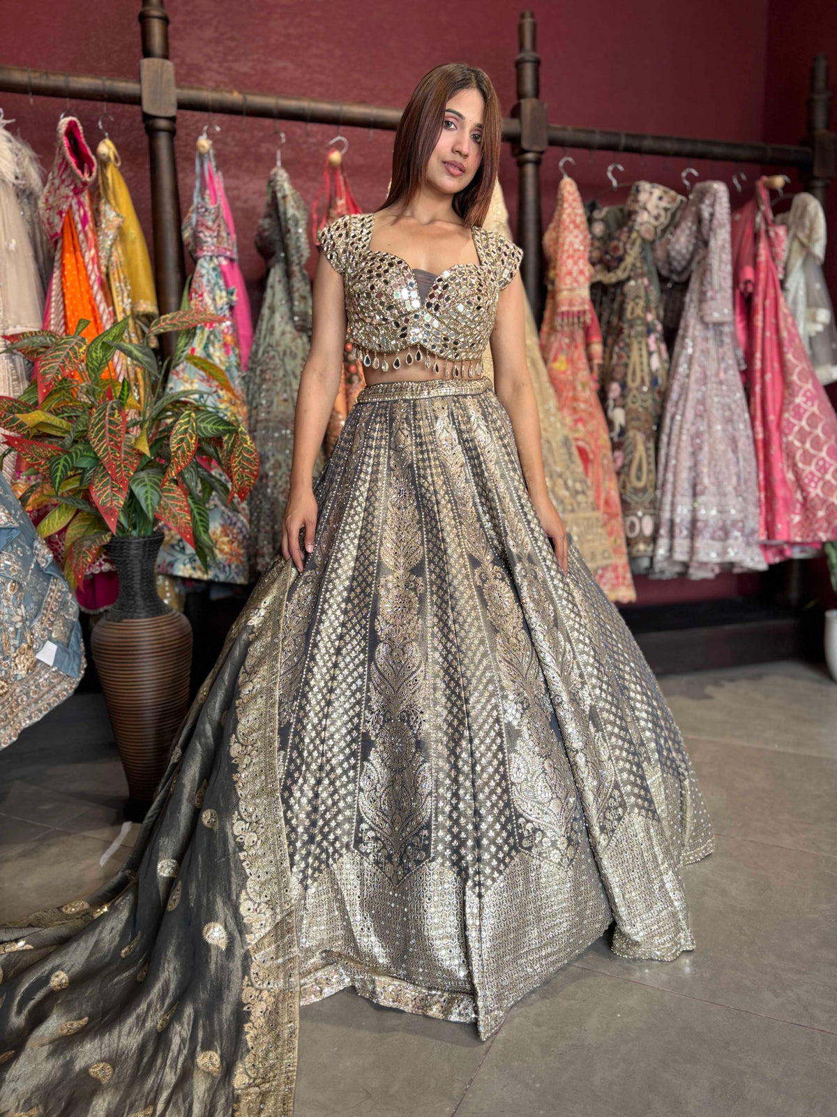 Silver Grey Heavy Mirror Work Non Bridal Lehenga with Dupatta