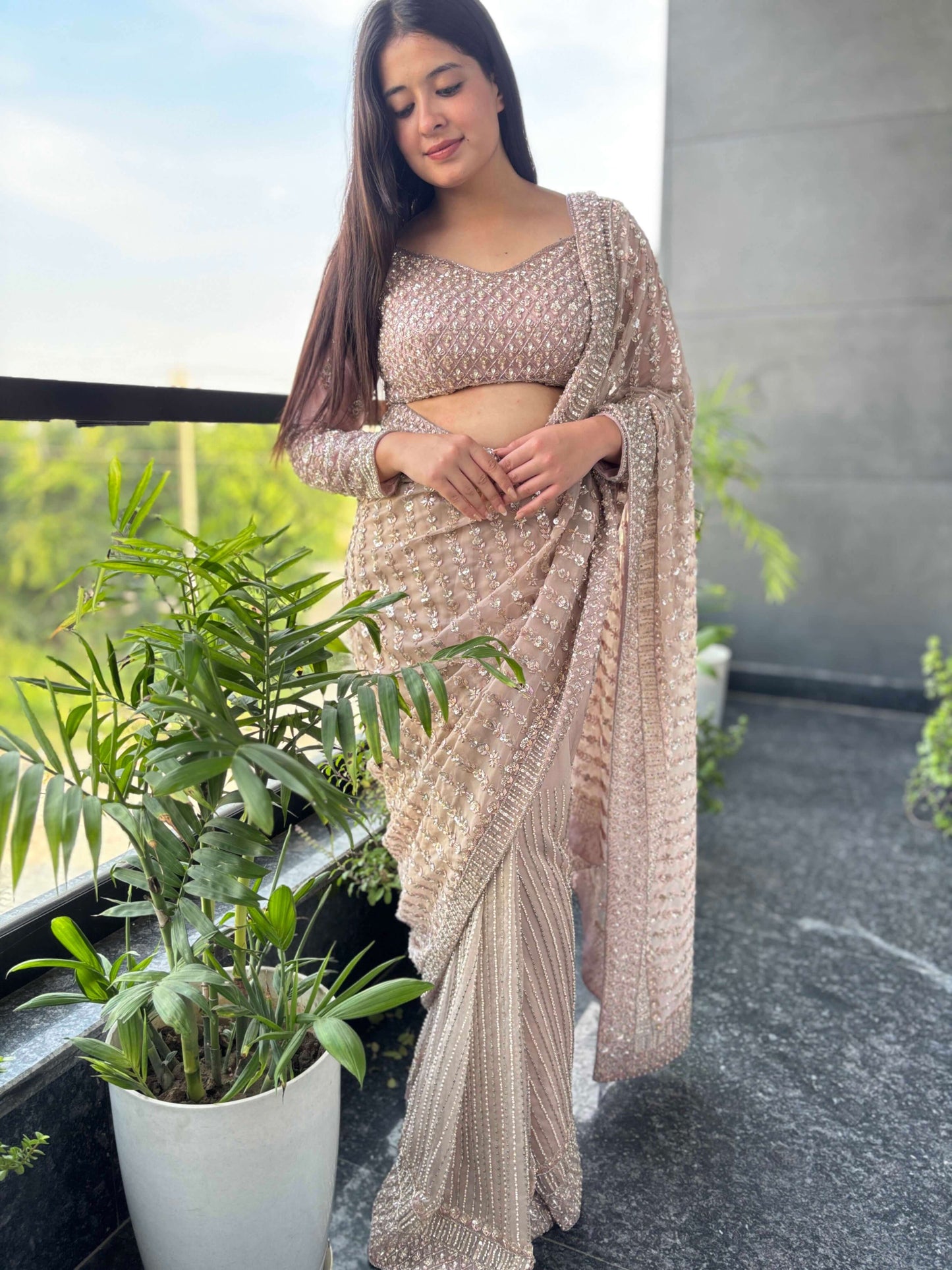 Sequin Embroidered Net Saree With Heavy Designer Blouse