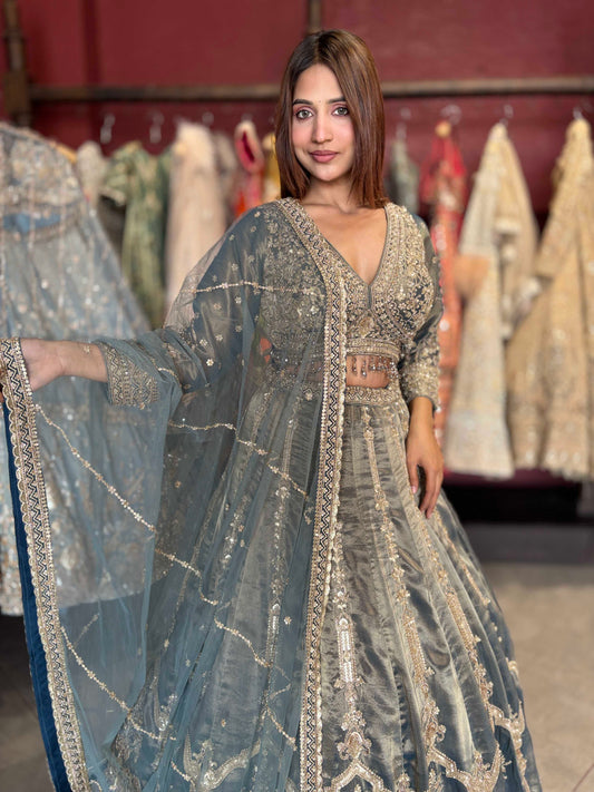 Dusty Blue Heavy Embroidered Designer Lehenga with Dupatta