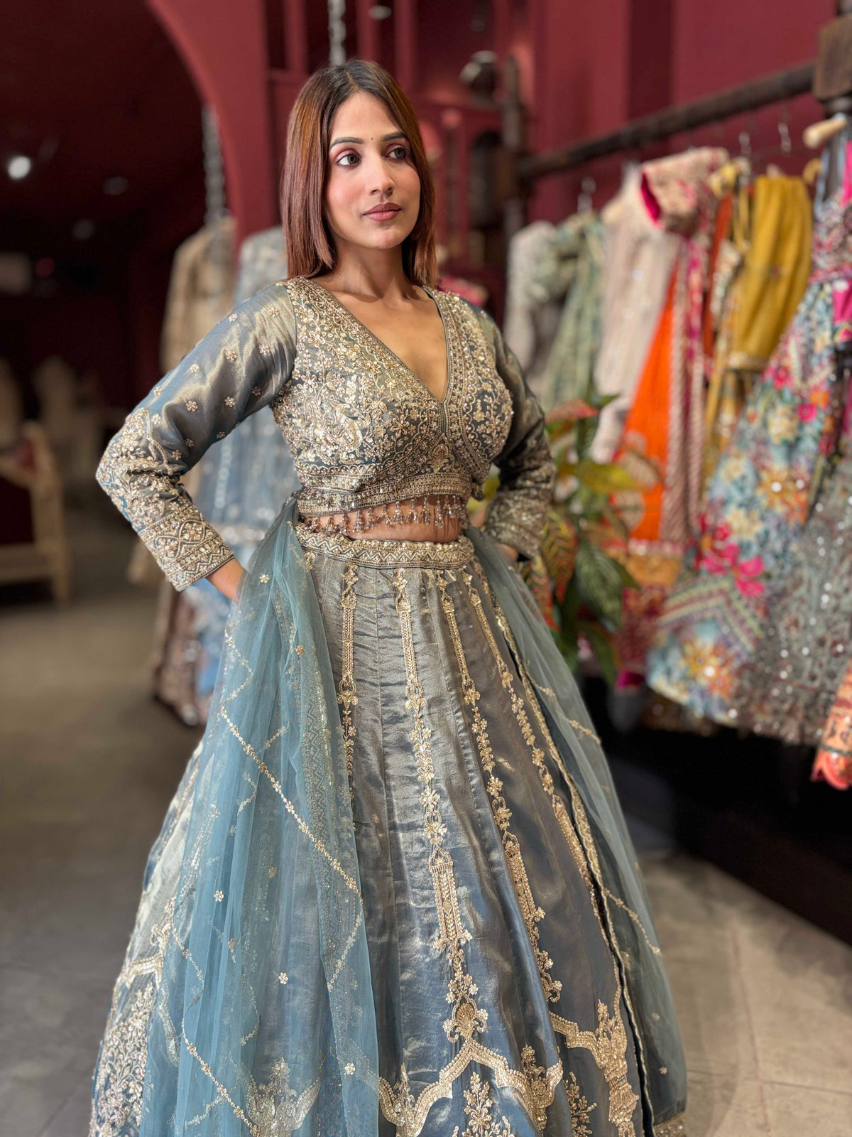 Dusty Blue Heavy Embroidered Designer Lehenga with Dupatta