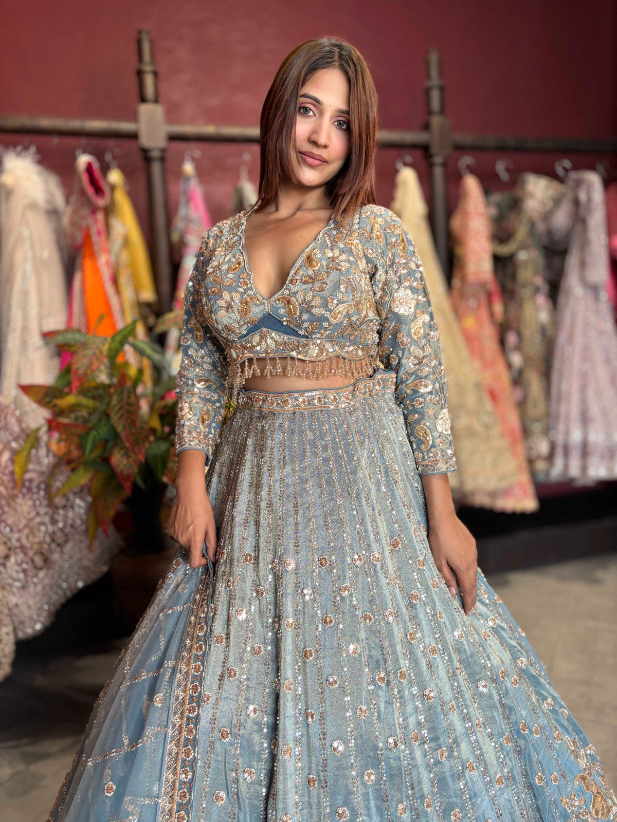 Powder Blue Gold Embroidered Designer Lehenga with Dupatta