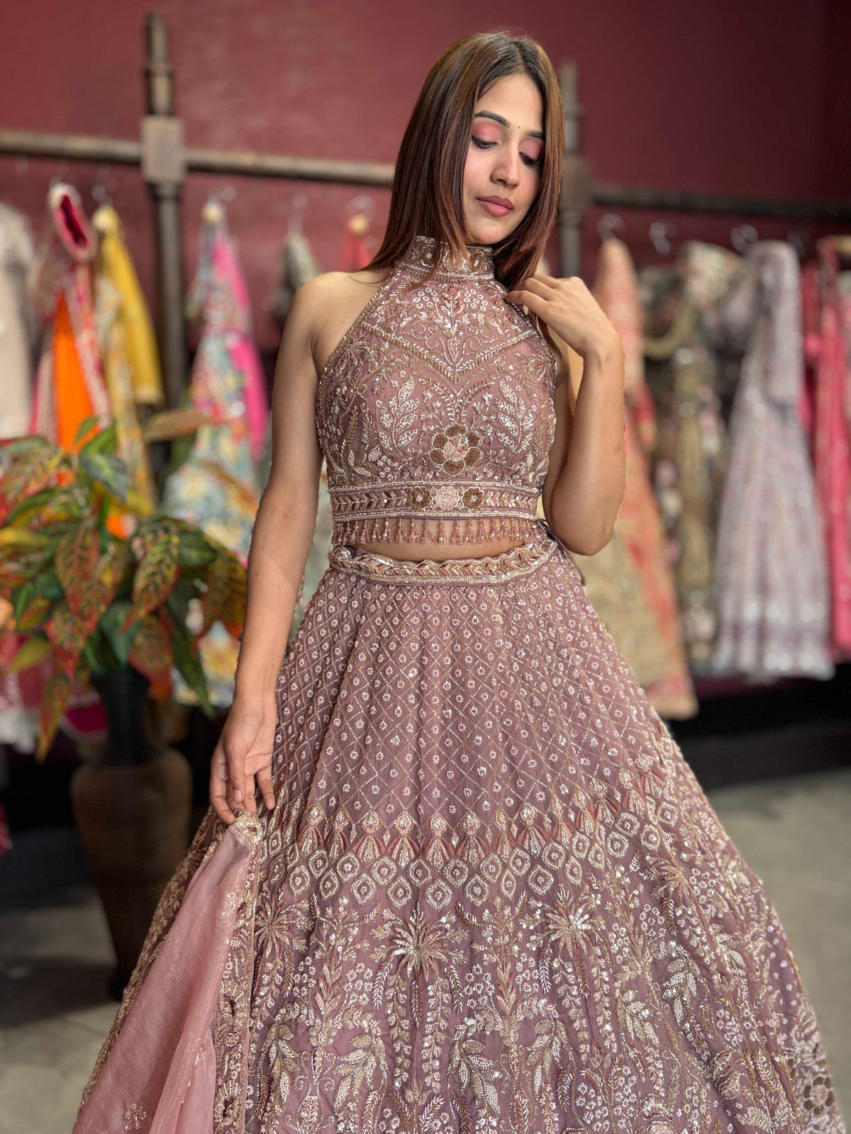 Dusty Mauve Heavy Embroidered Lehenga with Dupatta