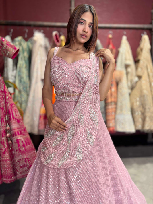 Blush Pink Sequin Embellished Designer Lehenga with Draped Dupatta