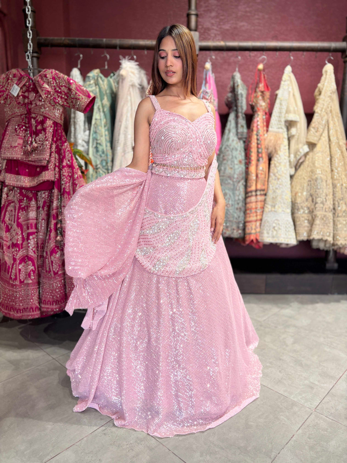 Blush Pink Sequin Embellished Designer Lehenga with Draped Dupatta