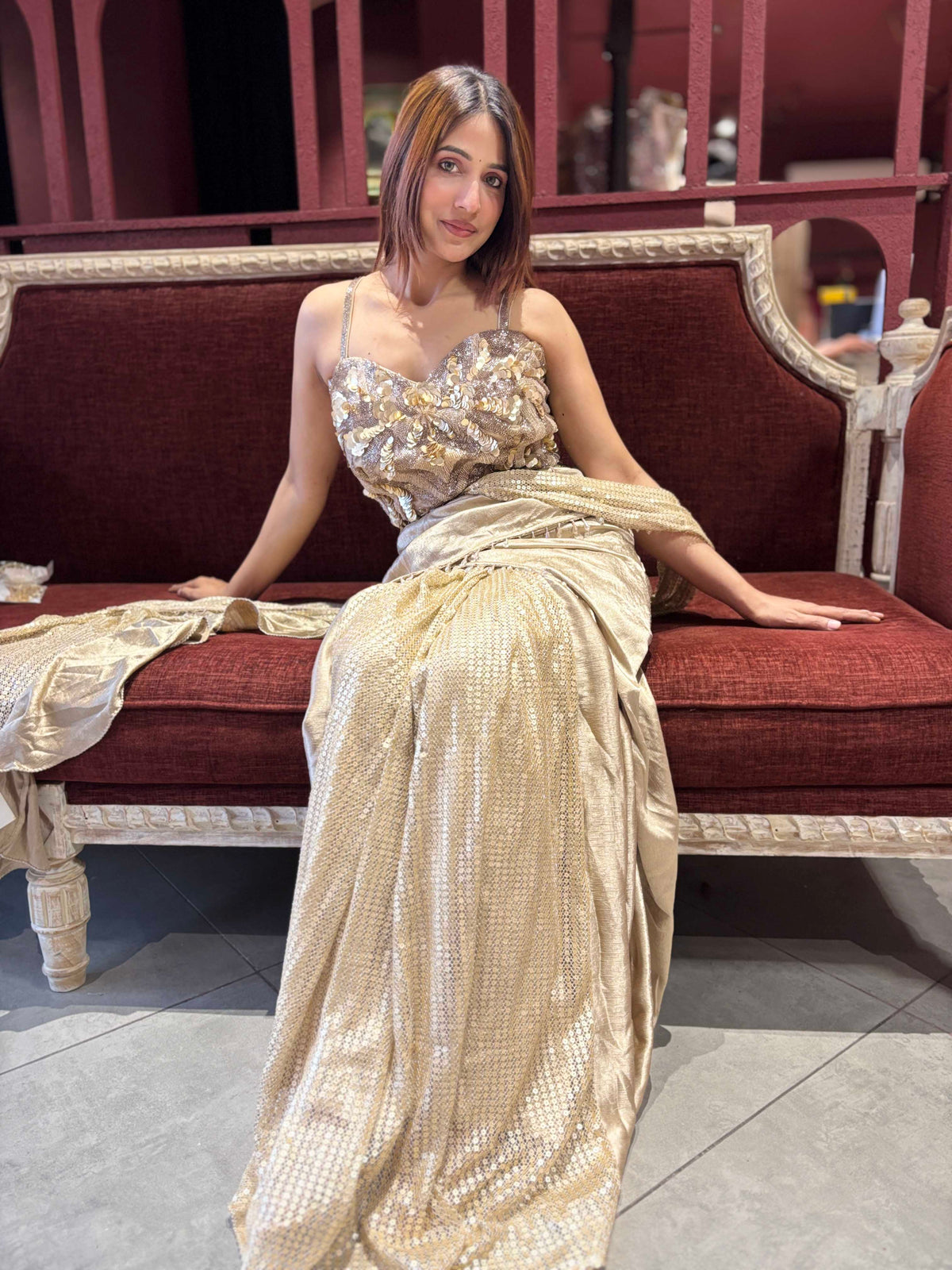 Champagne Gold Sequin Pre-Draped Saree Set with Embellished Blouse