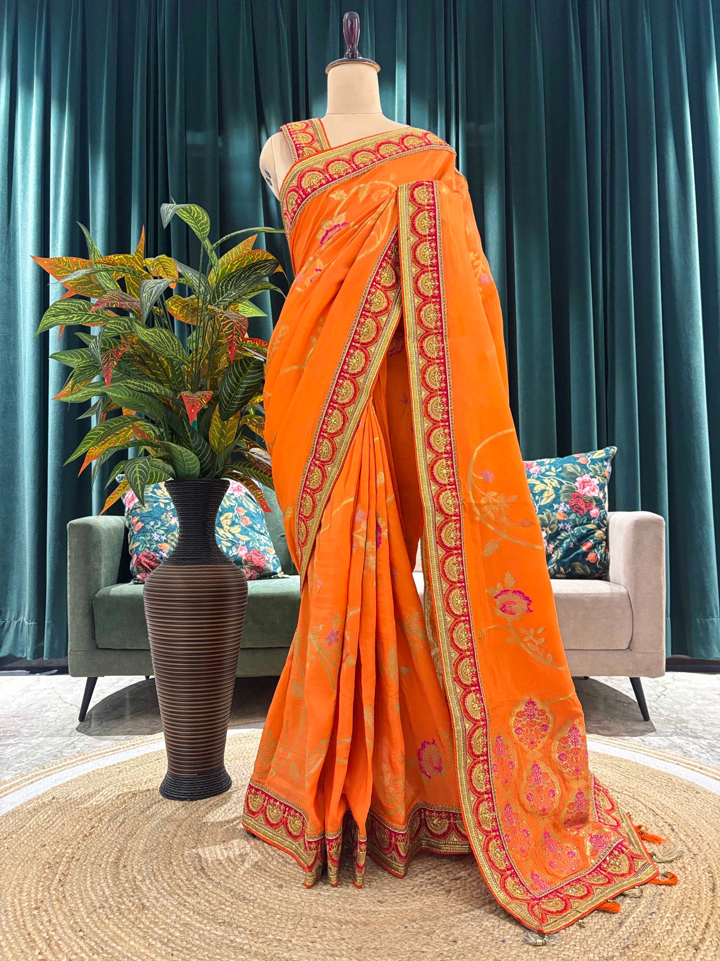 Orange Festive Embroidered Saree with Rich Designer Border