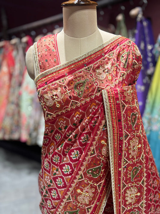 Royal Red Patola Silk Saree with Zari & Ethnic Motifs