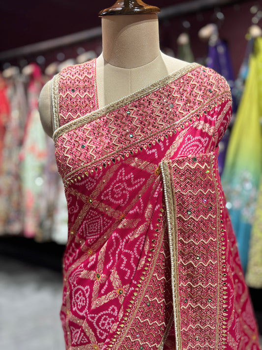 Rani Bandhani Zari Border Festive Designer Saree for Women