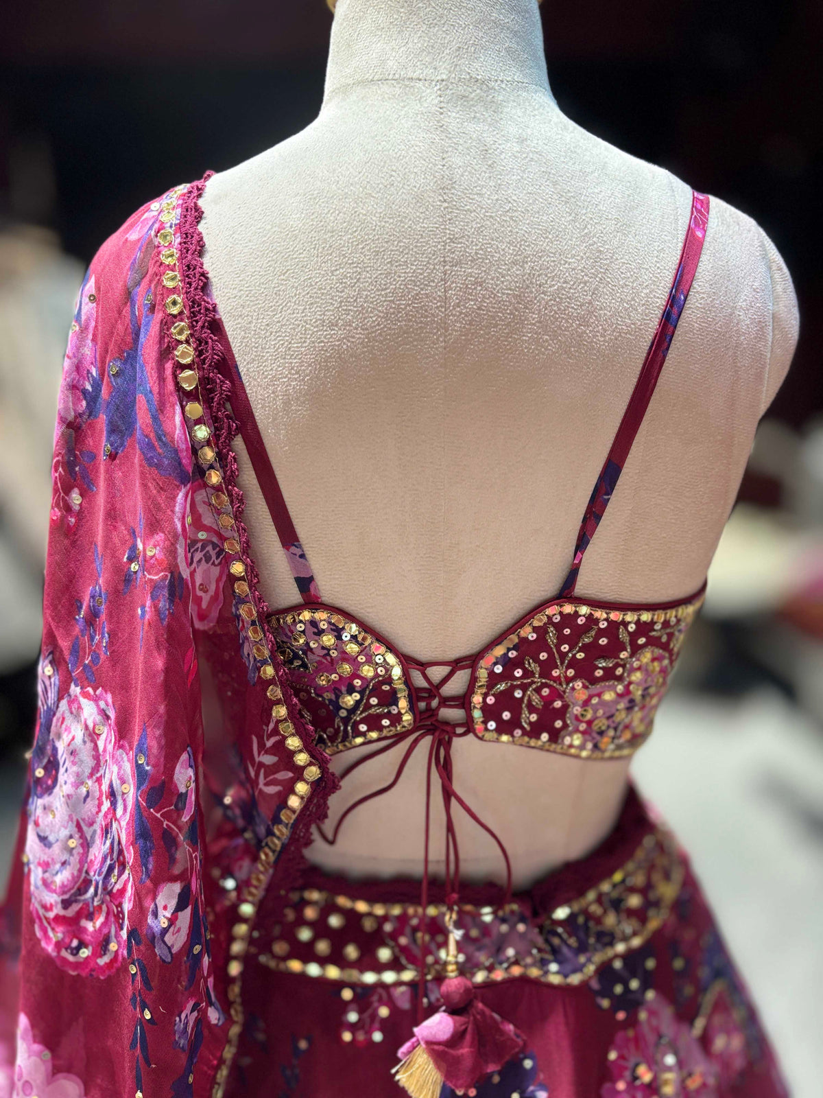 Wine Floral Lehenga with Embellished Corset Blouse