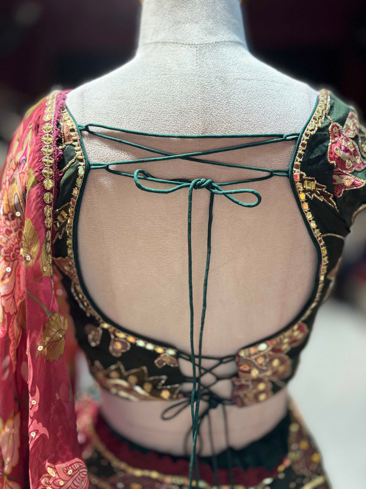 Emerald Green Floral Lehenga with Wine Printed Dupatta