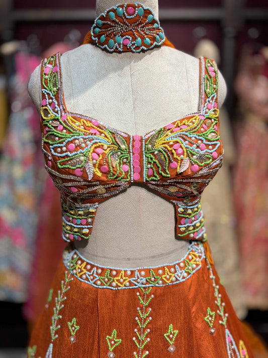 Rust Orange Multicolor Embroidered Designer Lehenga