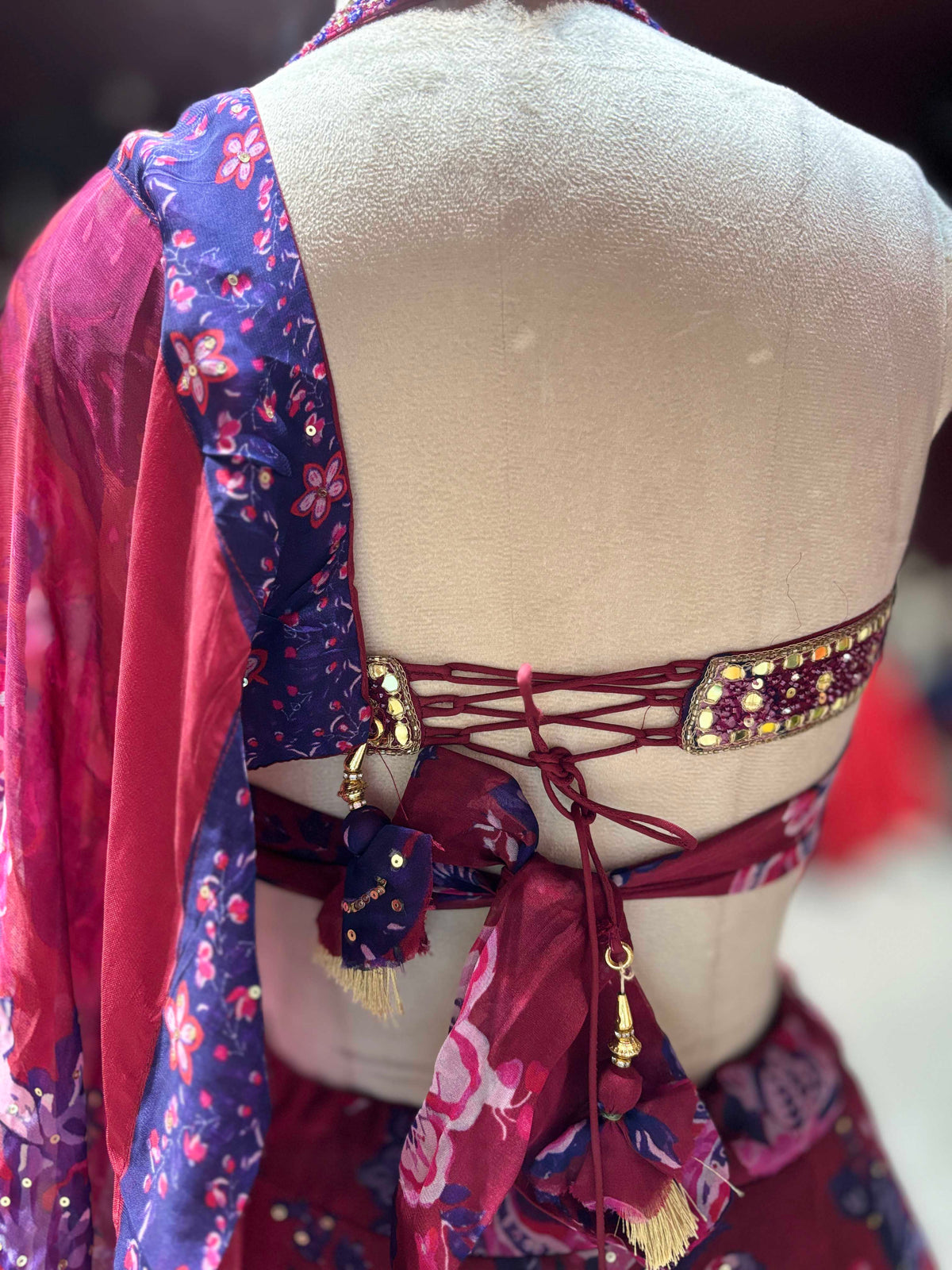 Wine Pink Floral Printed & Embellished Lehenga Set