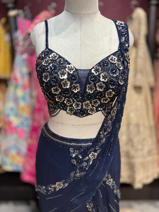 Navy Blue Sequin Draped Lehenga Set With Designer Blouse
