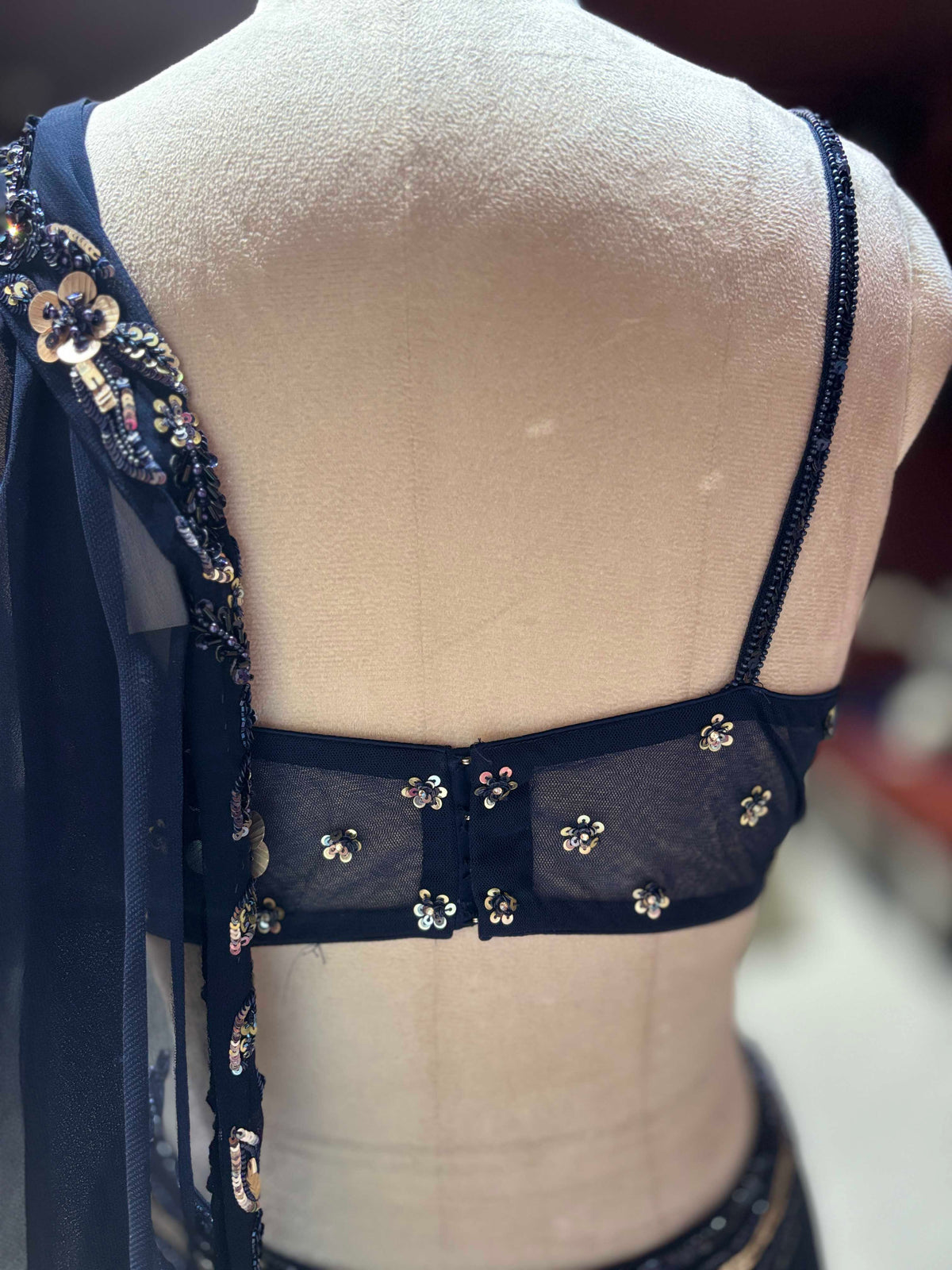 Navy Blue Sequin Draped Lehenga Set With Designer Blouse