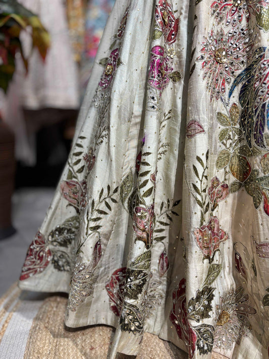 Ivory Botanical Embroidered Designer Lehenga Set With Designer Blouse
