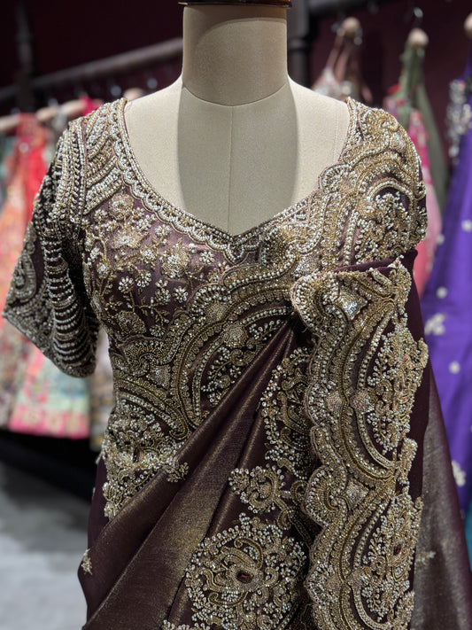 Brown Heavy Zari Embroidered Designer Saree