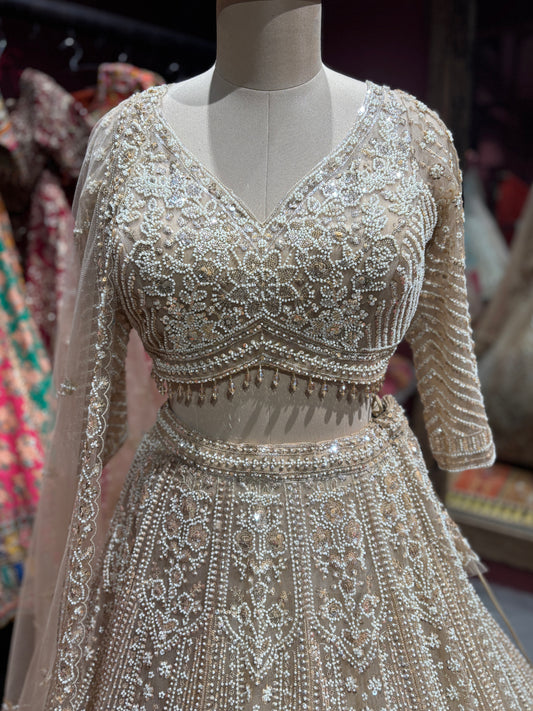 Golden Embroidered Lehenga with Net Dupatta Set