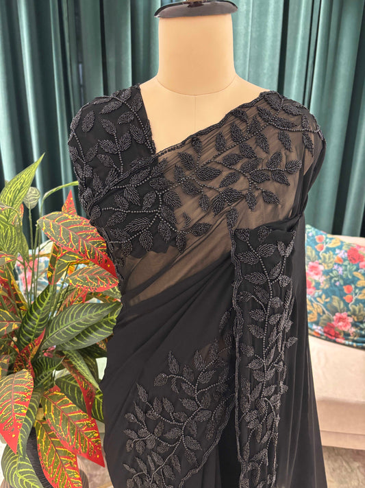 Black Floral Embroidered Net Saree Elegant Partywear Style