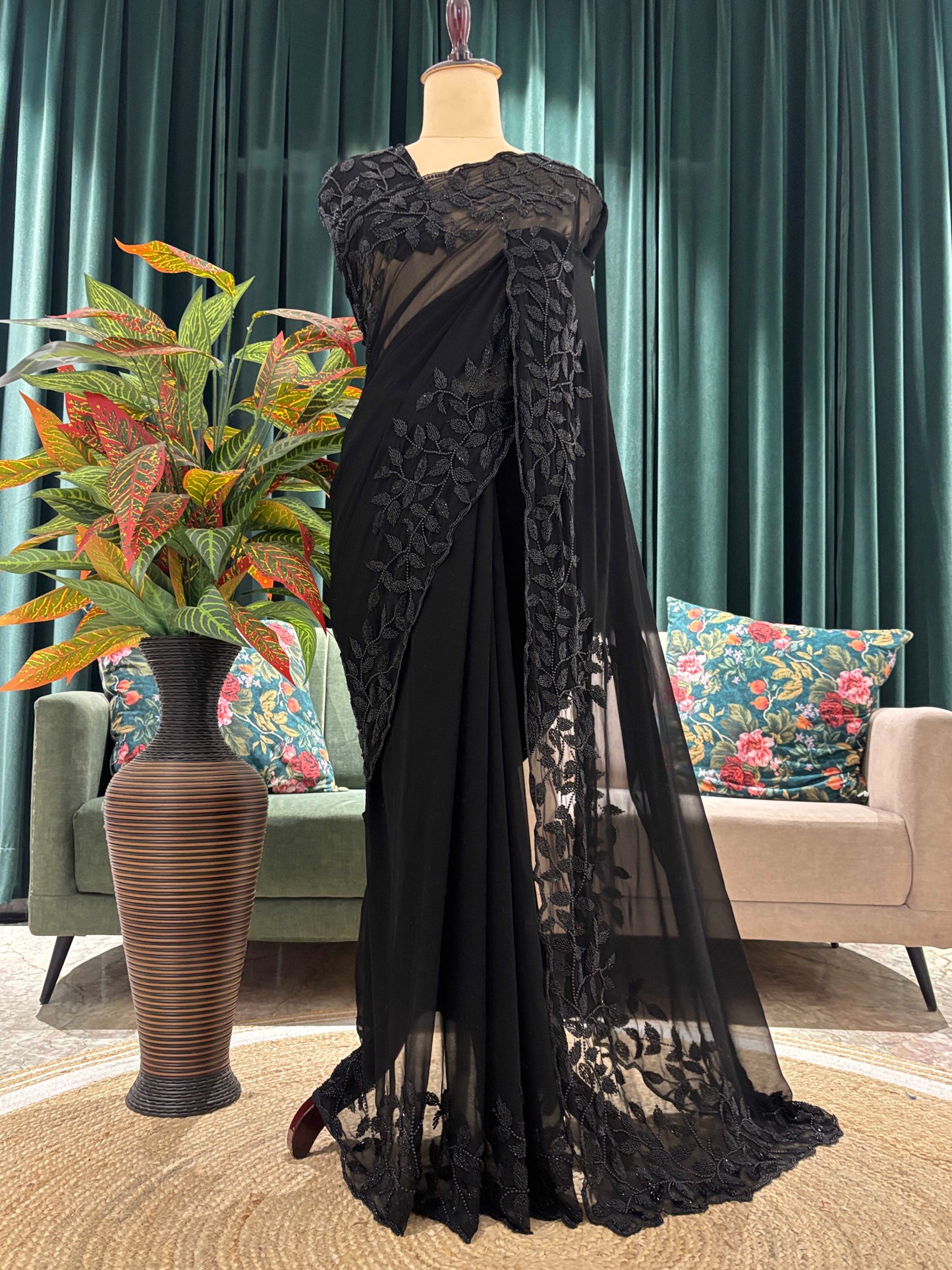 Black Floral Embroidered Georgette Saree Elegant Partywear Style