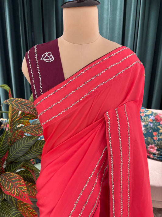Saree with Floral Embroidery and Stone Border