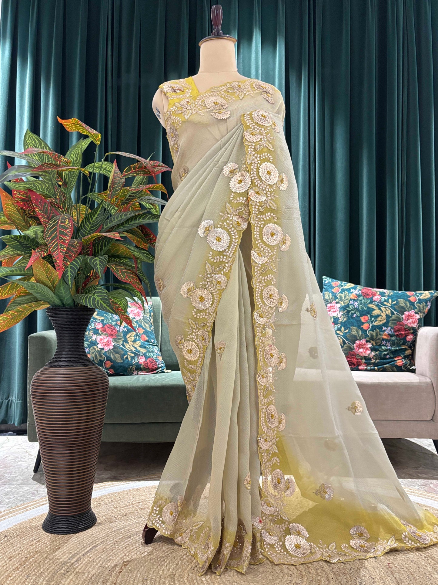 Pastel Green Floral Embroidered Saree with Elegant Border