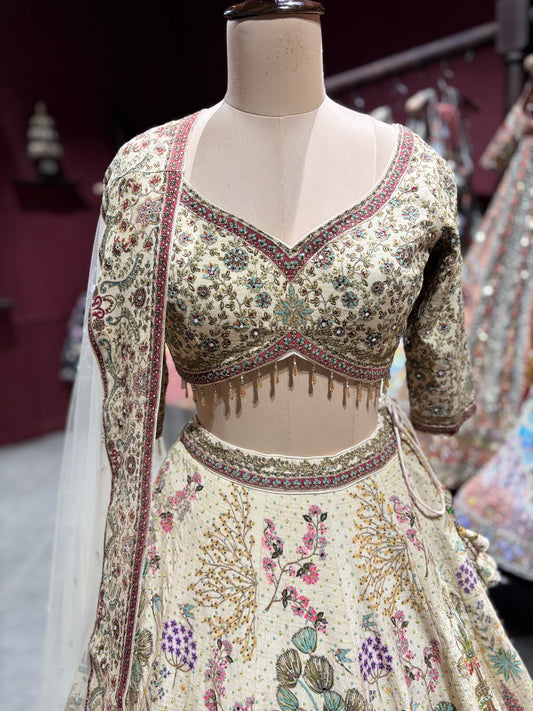 Ivory Multi-Color Embroidered Lehenga Choli with Dupatta