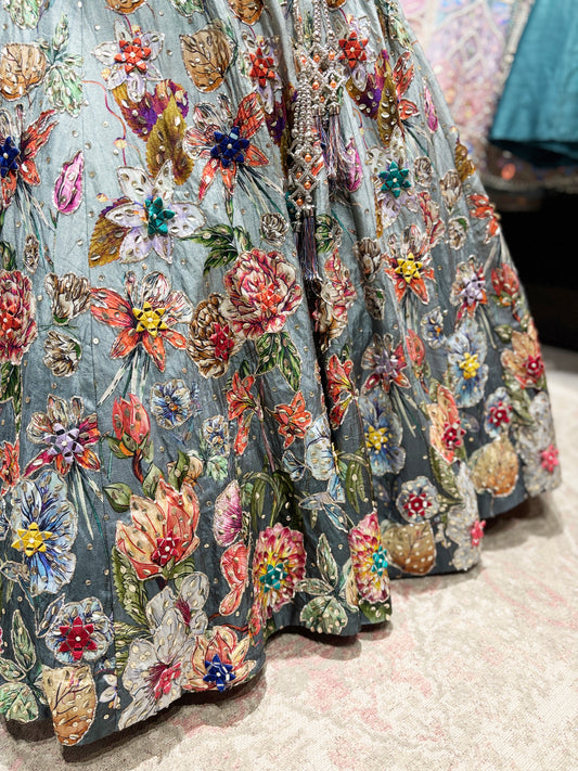 Powder Blue Floral Embroidered Lehenga with Mirror Work & Net Dupatta