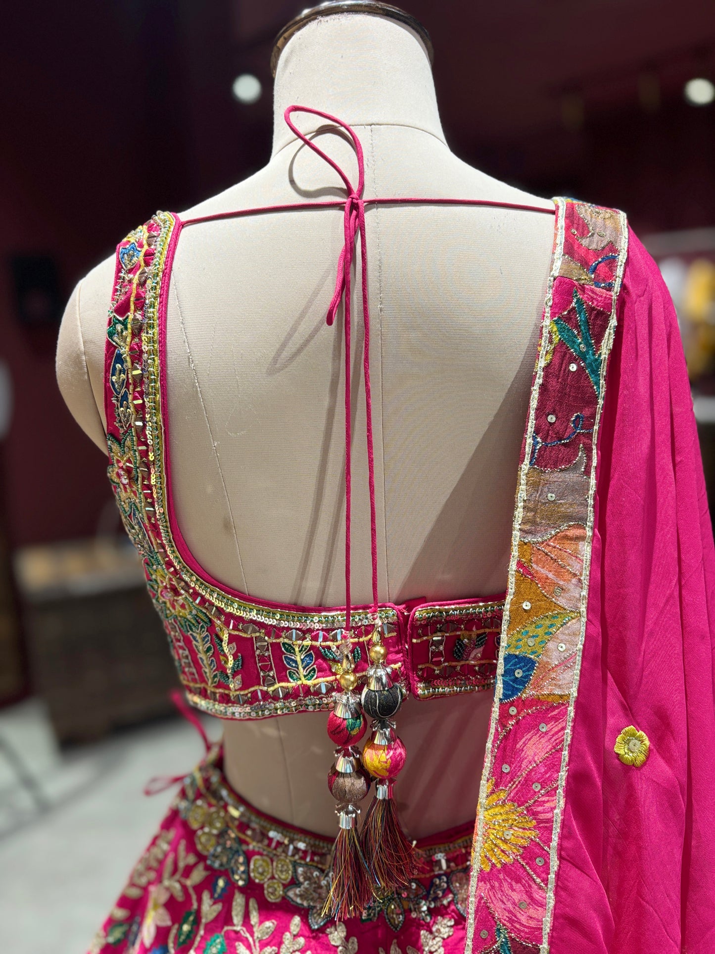 Rani Pink Floral Embroidered Silk Lehenga with Zari Work & Dupatta