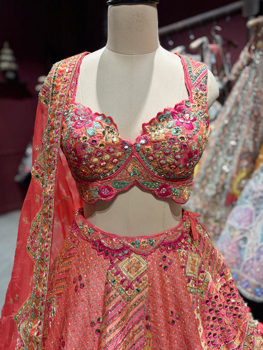 Coral Peach Embroidered Silk Lehenga with Mirror Work & Dupatta