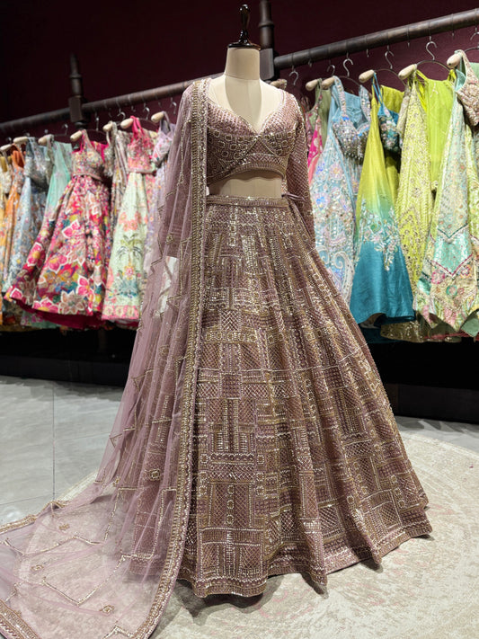 Dusty Rose Heavy Zari Embroidered Lehenga with Net Dupatta