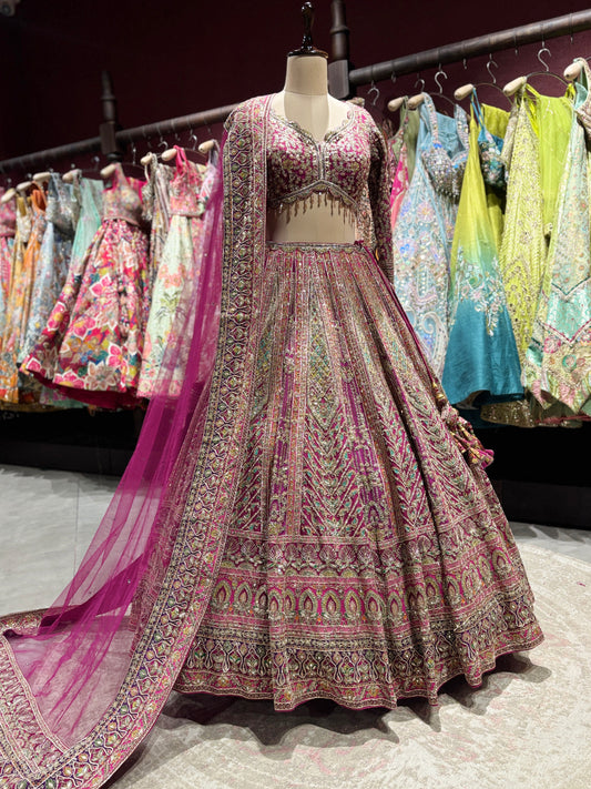Magenta Heavy Zari Embroidered Lehenga with Net Dupatta