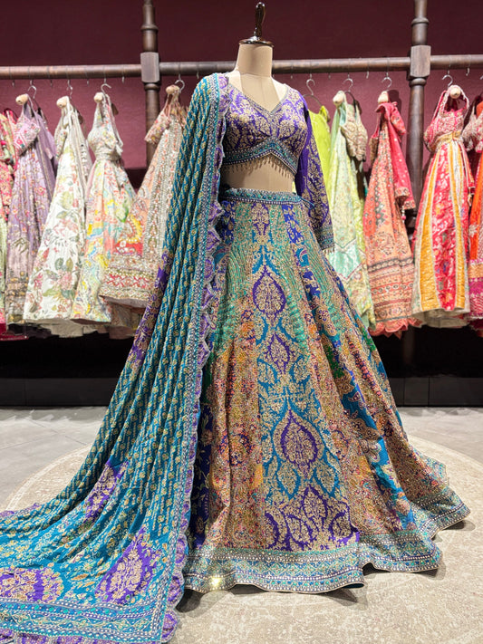 Royal Blue & Teal Zari Embroidered Silk Lehenga with Dupatta