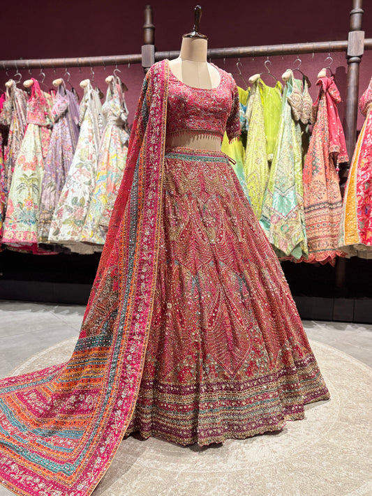 Crimson Red Heavy Zari Embroidered Bridal Lehenga with Dupatta