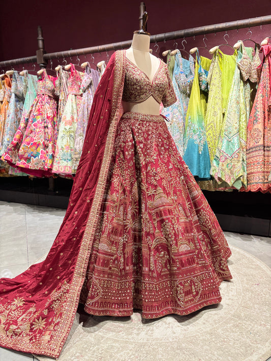 Maroon Zari Embroidered Lehenga with Architectural Motifs