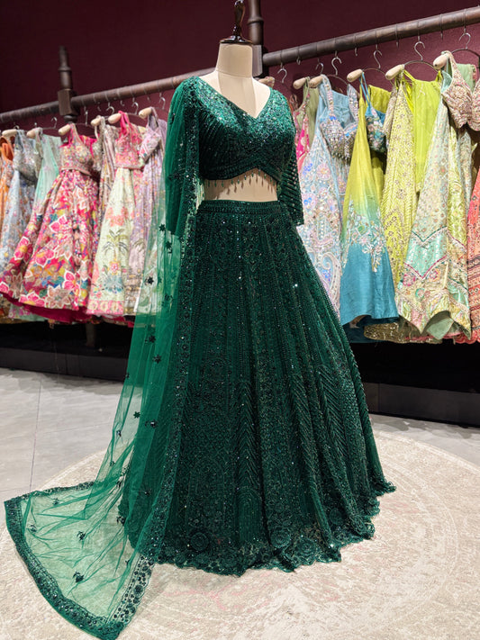Emerald Green Sequin Embroidered Lehenga with Net Dupatta