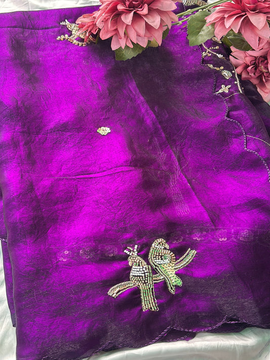 Purple Designer Saree with Handcrafted Bird Motifs